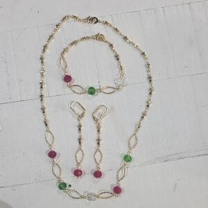 14k Gold Plated Multicolor Bead Jewelry Set - Necklace, Bracelet & Earrings